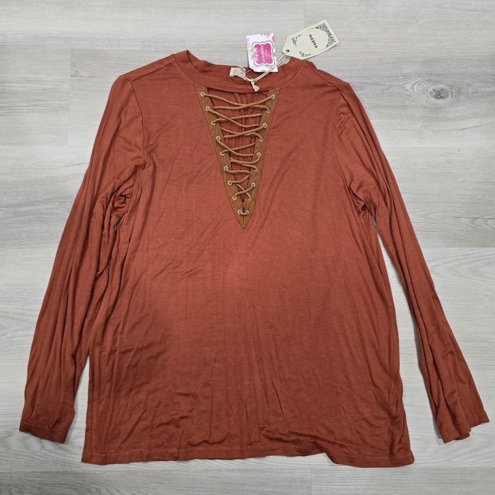 Entro Womens Blouse Burnt Orange Stretch Long Sleeve Crisscross Neck L NWT